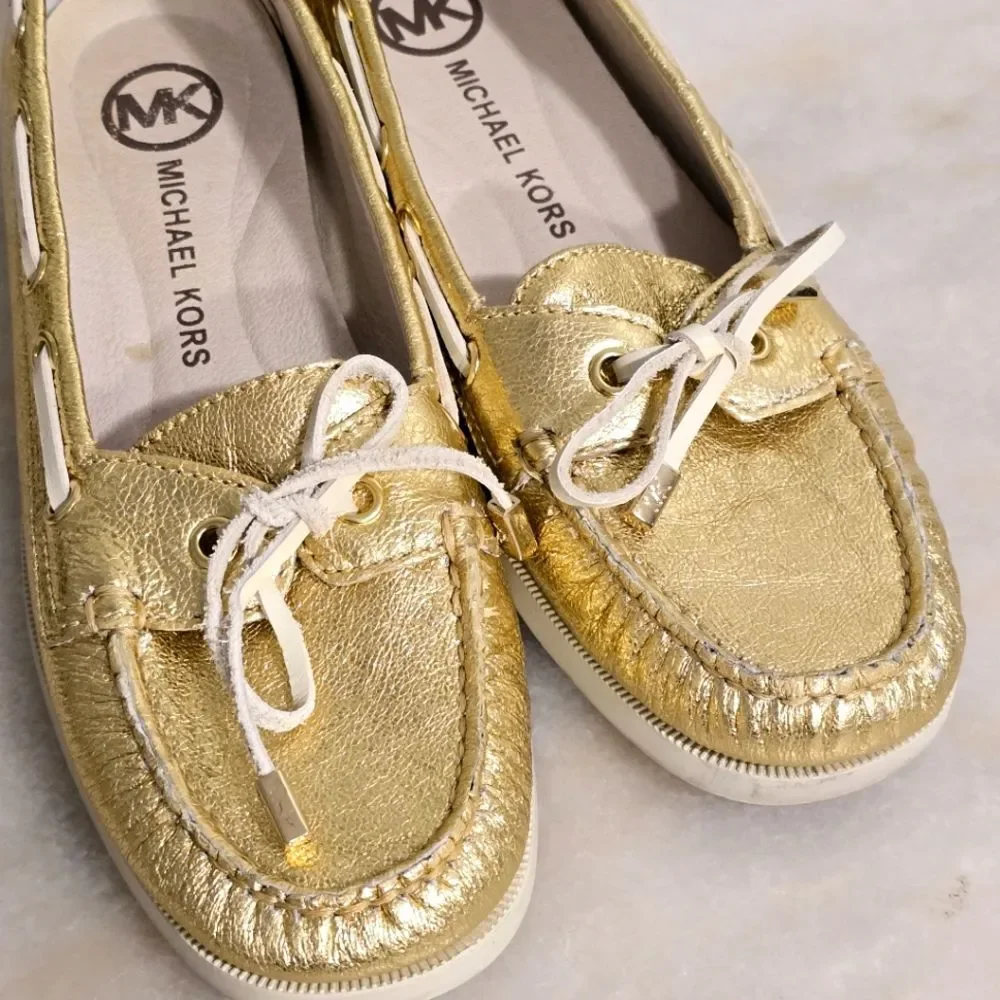 Michael Kors Blair Boat shoes Loafers Moccasin in GOLD metallic leather 8